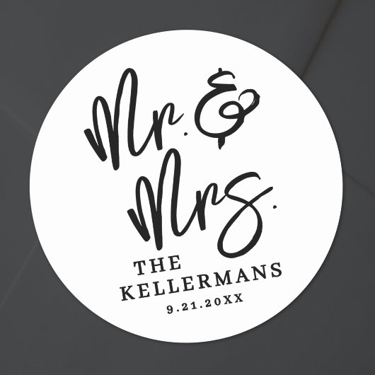 Sticker Rond Simple Black White Script Wedding