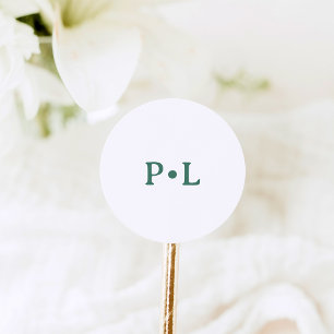 Sticker Rond Simple Blanc et Vert Sauge   Monogramme Élégant