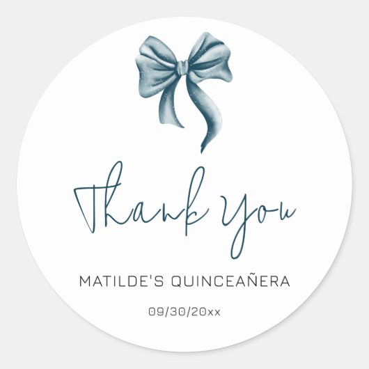 Sticker Rond Simple Bleu Script Quinceanera Merci (Devant)
