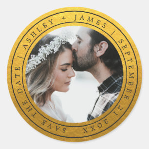 Sticker Rond Simple Chic Enregistrer la date Mariage Photo Gold