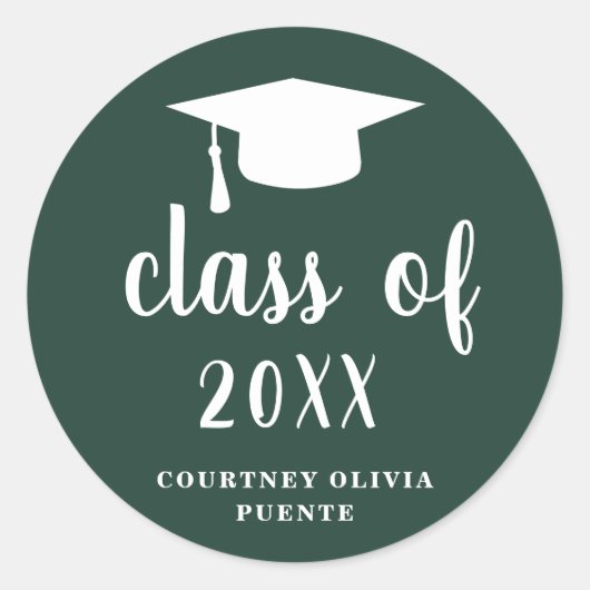 Sticker Rond Simple Classic Forest Green White Graduation Cap (Devant)