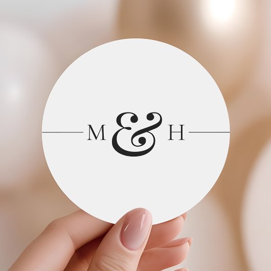 Sticker Rond Simple Clean Black Line Monogram Wedding Favor
