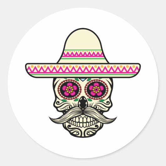 Sticker Rond Simple Dia de Muertos Crâne avec Casquette | Stick (Devant)