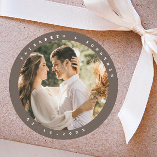 Sticker Rond Simple Elegant Beige Brown Neutre Mariage Photo
