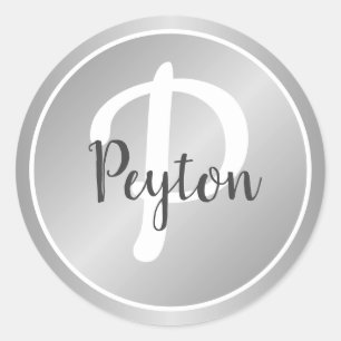 Sticker Rond Simple élégant Silver Grey Gris Gris Monogramme No