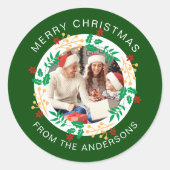 Sticker Rond Simple élégante couronne de Noël Photo Nom de fami (Devant)