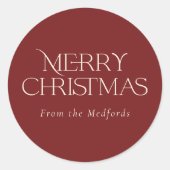 Sticker Rond Simple et élégant Joyeux Noël | Nom | Rouge (Devant)