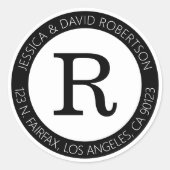 Sticker Rond Simple et élégant noir & blanc & adresse de retour (Devant)