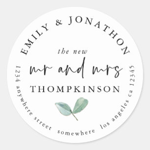 Sticker Rond Simple Eucalyptus Newlyweds Nom de retour Adresse