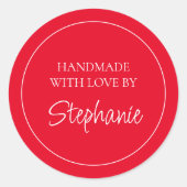 Sticker Rond Simple fait main avec amour Nom Rouge (Devant)