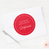 Sticker Rond Simple fait main avec amour Nom Rouge (Enveloppe)