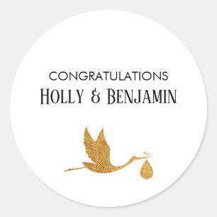 Sticker Rond Simple Faux Gold Stork Baby shower Félicitations
