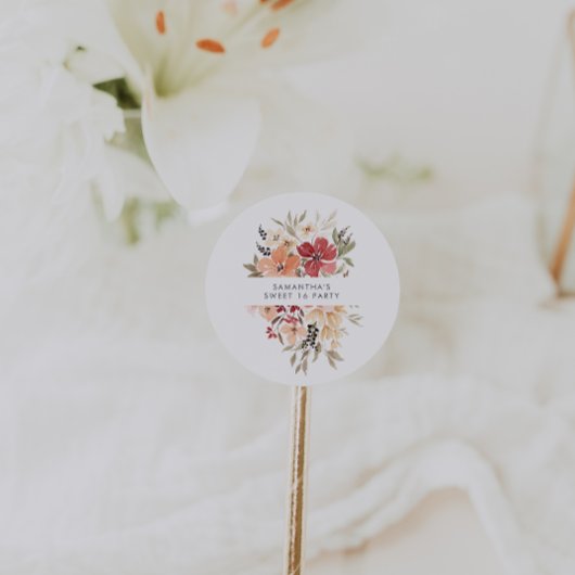 Sticker Rond Simple Floral Sweet 16 Anniversaire Faveur