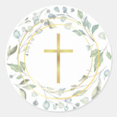 Sticker Rond Simple Gold Cross Laurel Garland Faux Gold Foil (Devant)