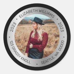 Sticker Rond Simple Graduation Photo 2023 Nom Adresse de retour