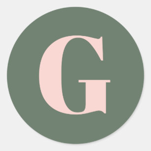 Sticker Rond Simple Gras Monogramme initial Sage Vert Rose