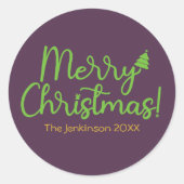 Sticker Rond Simple Green Script Joyeux Noël sur Violet (Devant)