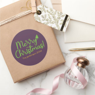 Sticker Rond Simple Green Script Joyeux Noël sur Violet