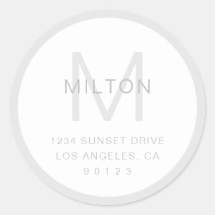 Sticker Rond Simple gris et blanc Monogramme & Adresse de retou