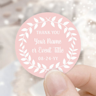 Sticker Rond Simple Laurel Wreath Blush Pink & White Merci