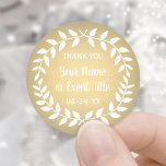 Sticker Rond Simple Laurel Wreath Gold Faux Foil Merci<br><div class="desc">Ajoutez une touche de finition personnalisée aux faveurs de la fête et des notes de remerciement avec des autocollants ronds de couronne de laurier personnalisés. Tout libellé sur ce modèle est simple à customiser pour toute occasion, comme mariage, douche nuptiale, remise des diplômes, fête d'anniversaire, anniversaire ou retraite. Modifiez ou...</div>