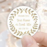 Sticker Rond Simple Laurel Wreath Merci blanc et or<br><div class="desc">Ajoutez une touche de finition personnalisée aux faveurs de la fête et des notes de remerciement avec des autocollants ronds de couronne de laurier personnalisés. Tout libellé sur ce modèle est simple à customiser pour toute occasion, comme mariage, douche nuptiale, remise des diplômes, fête d'anniversaire, anniversaire ou retraite. Modifiez ou...</div>