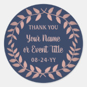 Sticker Rond Simple Laurel Wreath Navy Bleu et Merci rose (Devant)