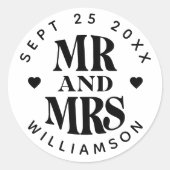 Sticker Rond Simple M. Mme Nom Date Mariage Coeur Faveur (Devant)