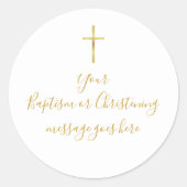 Sticker Rond Simple Message de Baptême Croix Dorée Christening (Devant)