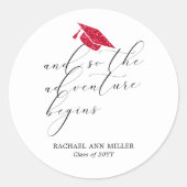 Sticker Rond Simple Minimalist Script Adventure Begins Red Hat  (Devant)