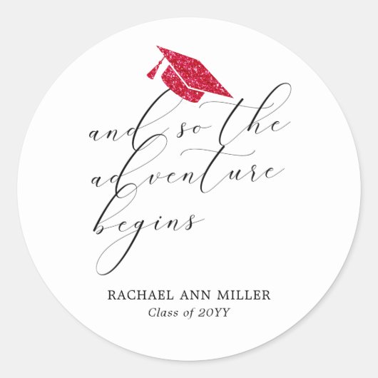 Sticker Rond Simple Minimalist Script Adventure Begins Red Hat  (Devant)