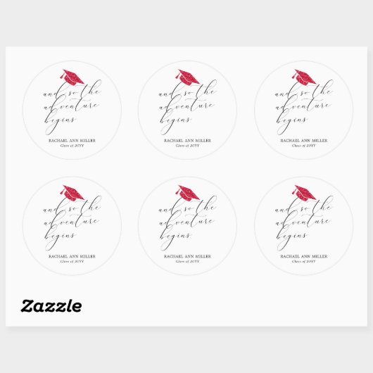 Sticker Rond Simple Minimalist Script Adventure Begins Red Hat  (Feuille)