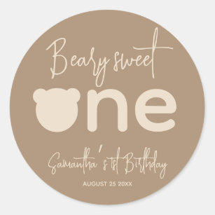 Sticker Rond Simple minimaliste moderne petit ours 1er annivers
