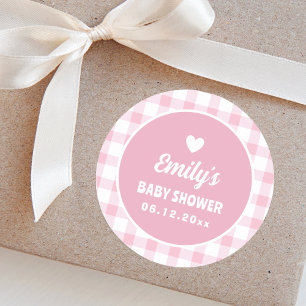 Sticker Rond Simple minimaliste rose En vichy Baby shower fille