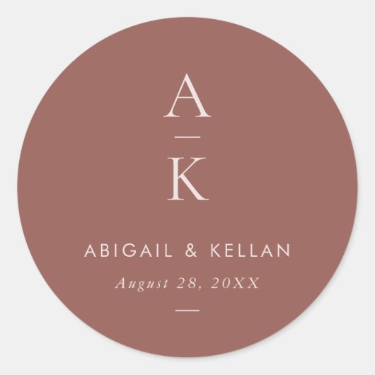 Sticker Rond Simple moderne Blush Brown Mariage Monogramme (Devant)