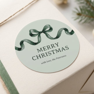 Sticker Rond Simple Moderne Vert Sauge Noël Aquarelle Ruban