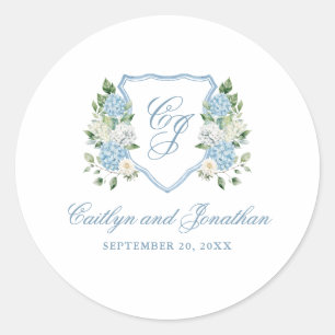 Sticker Rond Simple Monogramme Bleu Poussiéreux Mariage Crest
