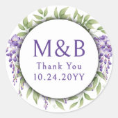 Sticker Rond Simple Monogramme Élégant Mariage Floral Violet (Devant)