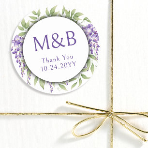 Sticker Rond Simple Monogramme Élégant Mariage Floral Violet