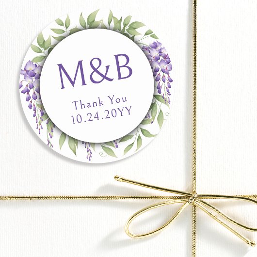 Sticker Rond Simple Monogramme Élégant Mariage Floral Violet