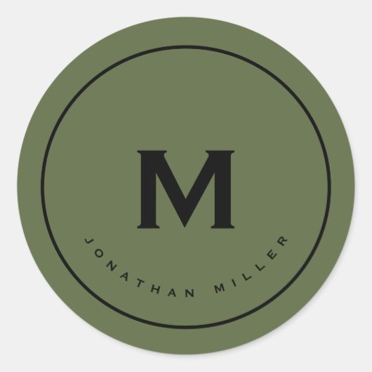 Sticker Rond Simple Monogramme Noir Classique Olive (Devant)