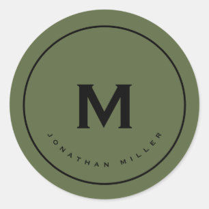Sticker Rond Simple Monogramme Noir Classique Olive