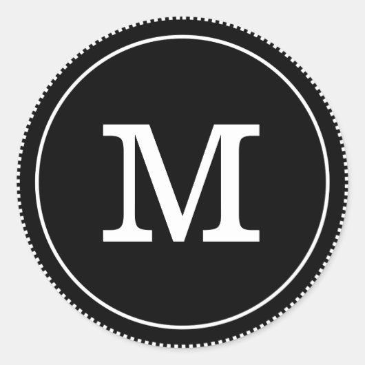 Sticker Rond Simple Monogramme Noir Et Blanc Classique (Devant)