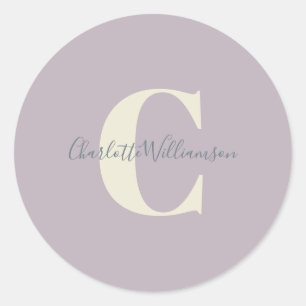 Sticker Rond Simple Monogramme Personnalisé et Nom en Lilas