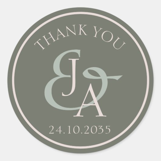 Sticker Rond Simple Monogramme Vert Sauge Faveur de Mariage (Devant)