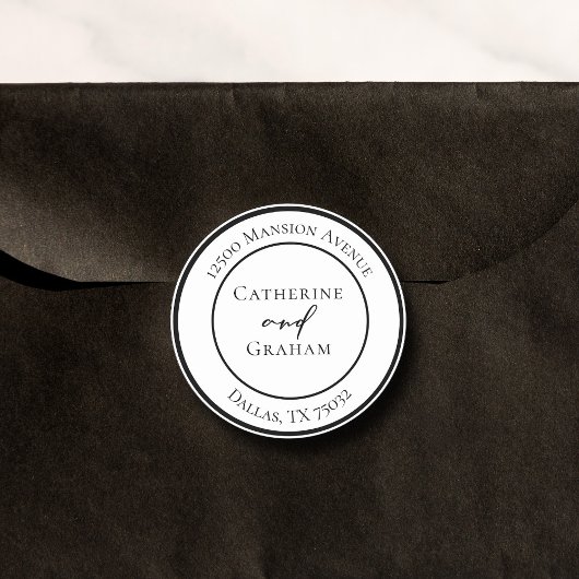 Sticker Rond Simple Noir Blanc Moderne Mariage Adresse de retou