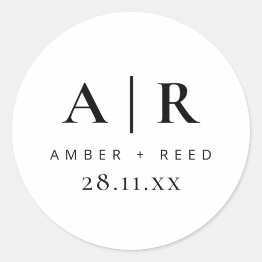 Sticker Rond Simple Noir et Blanc Monogramme Mariage Faveur (Devant)
