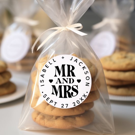 Sticker Rond Simple Personnalisé M. Mme Mariage Nom Date Coeur
