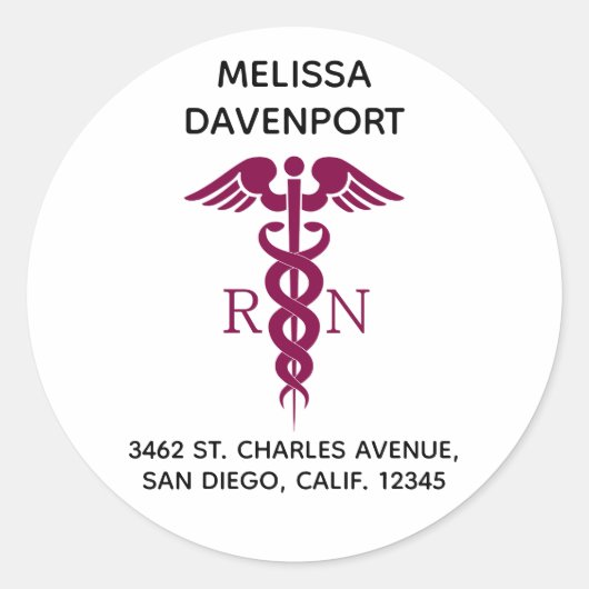 Sticker Rond Simple Red Caduceus Infirmière inscrite Adresse (Devant)