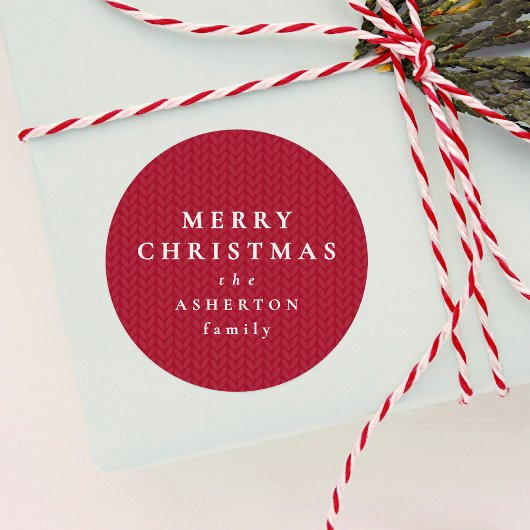 Sticker Rond Simple red Merry Christmas knit pattern gift